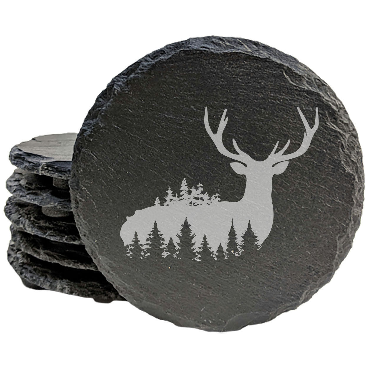 Majestic Majesty: Laser-Etched Stag & Forest Slate Coasters