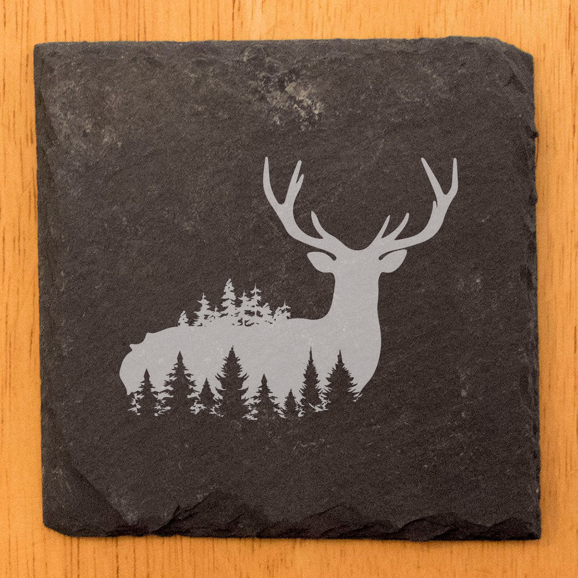 Majestic Majesty: Laser-Etched Stag & Forest Slate Coasters