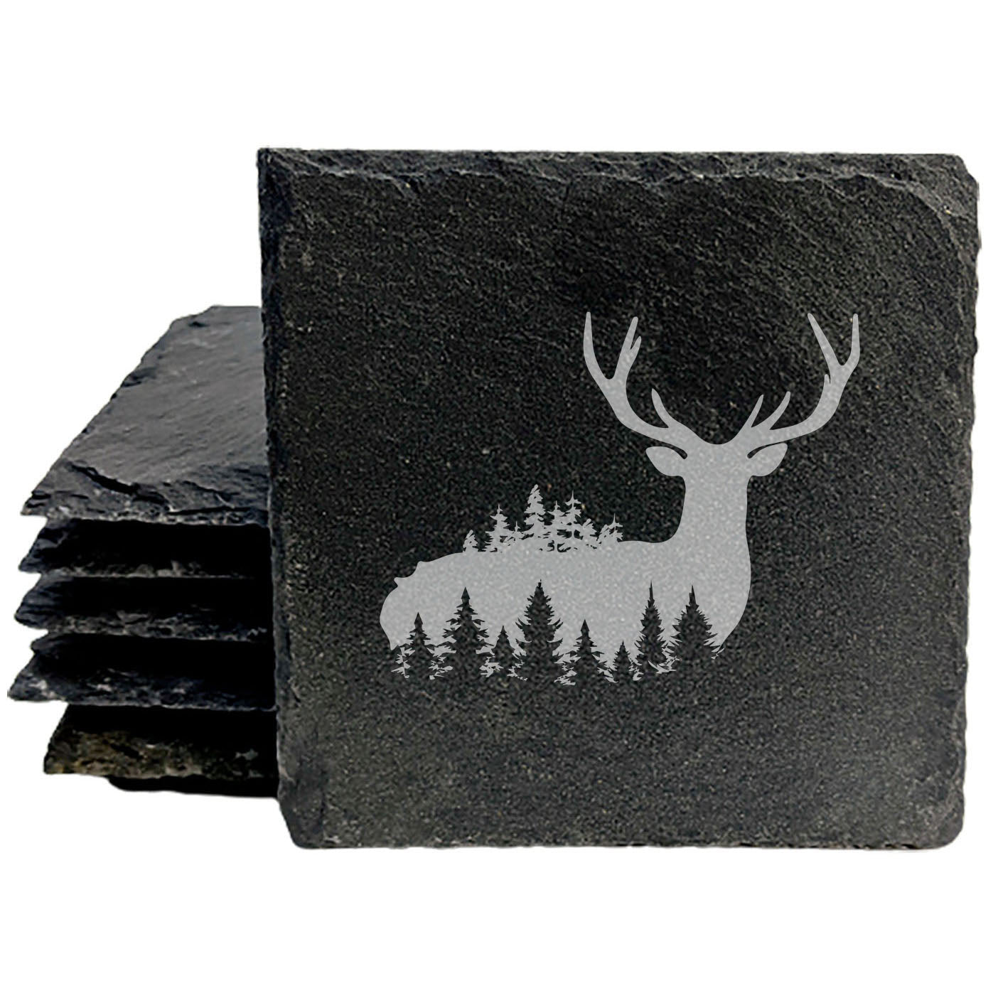 Majestic Majesty: Laser-Etched Stag & Forest Slate Coasters