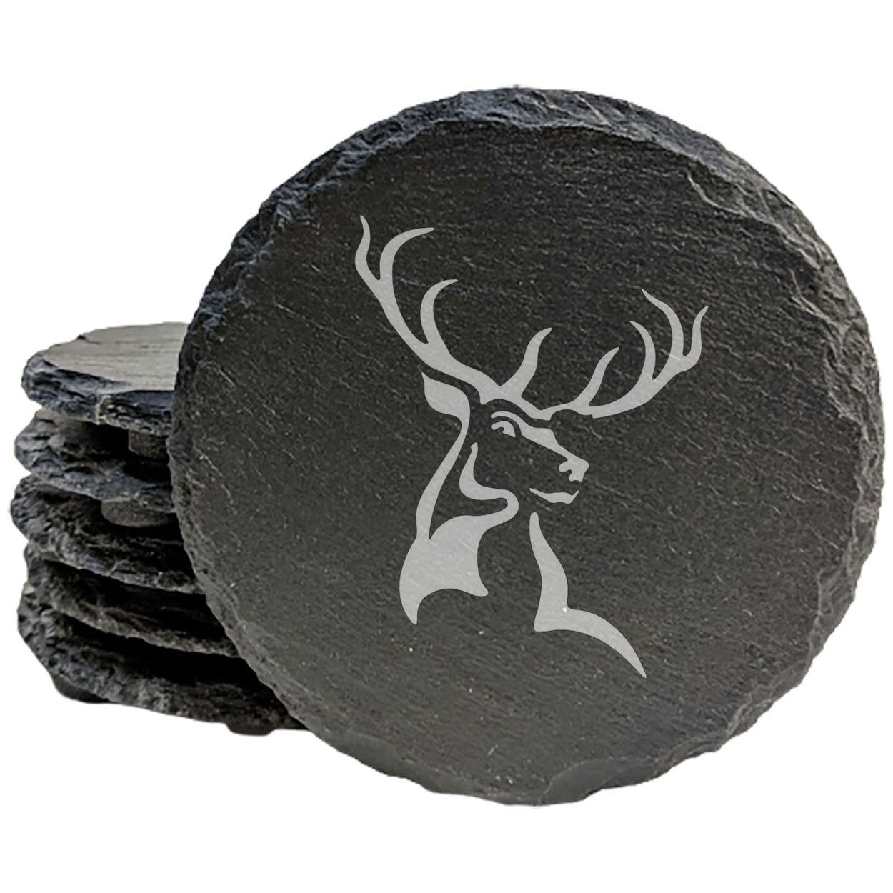 Nature's Masterpiece: Gray Slate Coasters Featuring a Powerful Buck Deer Design
