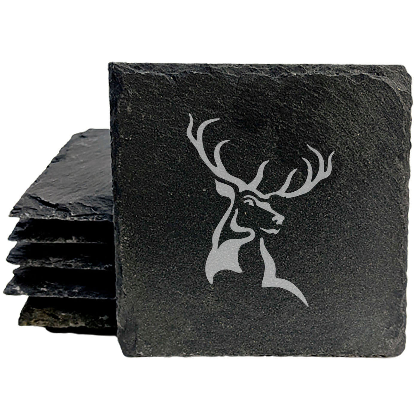 Nature's Masterpiece: Gray Slate Coasters Featuring a Powerful Buck Deer Design