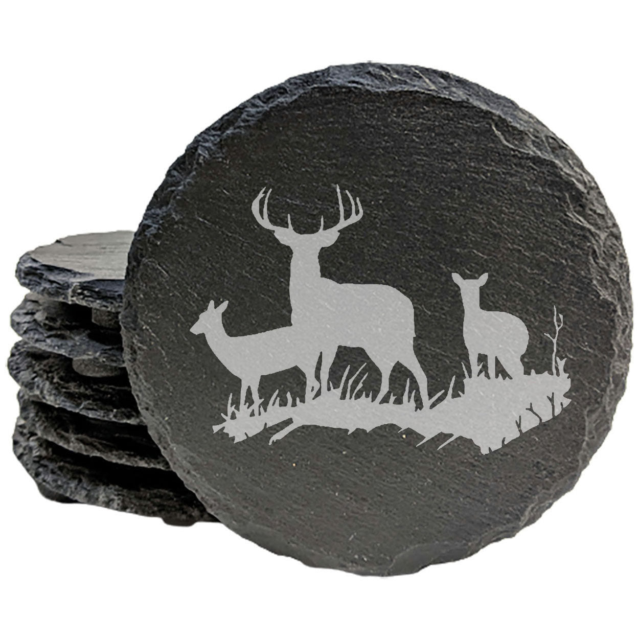 Rustic Tranquility: Natural Gray Slate Coasters with Stunning Deer Landscape