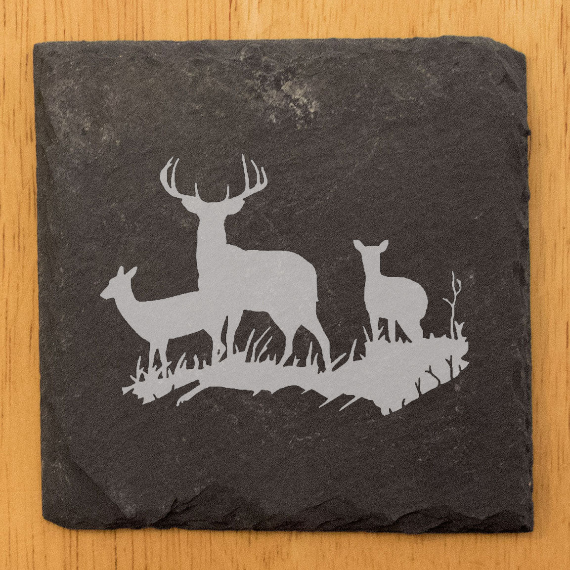 Rustic Tranquility: Natural Gray Slate Coasters with Stunning Deer Landscape