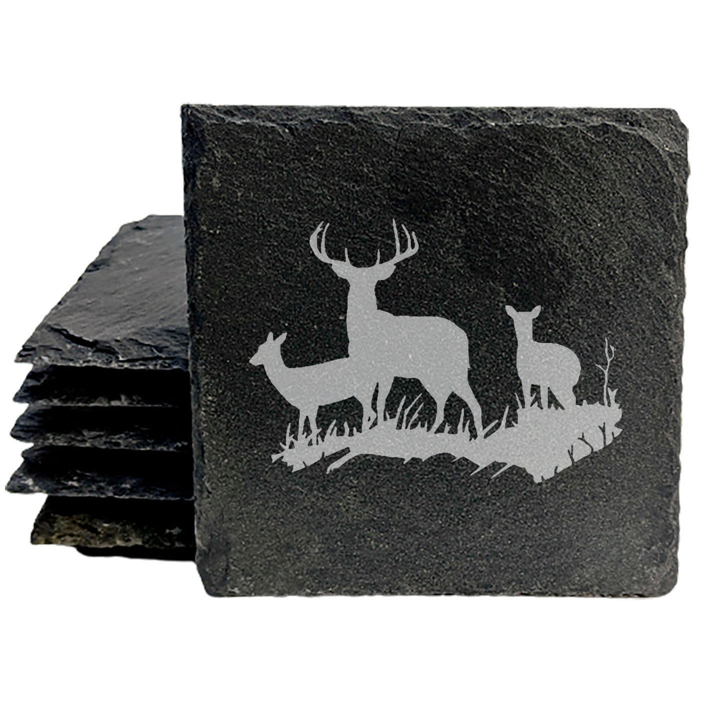 Rustic Tranquility: Natural Gray Slate Coasters with Stunning Deer Landscape