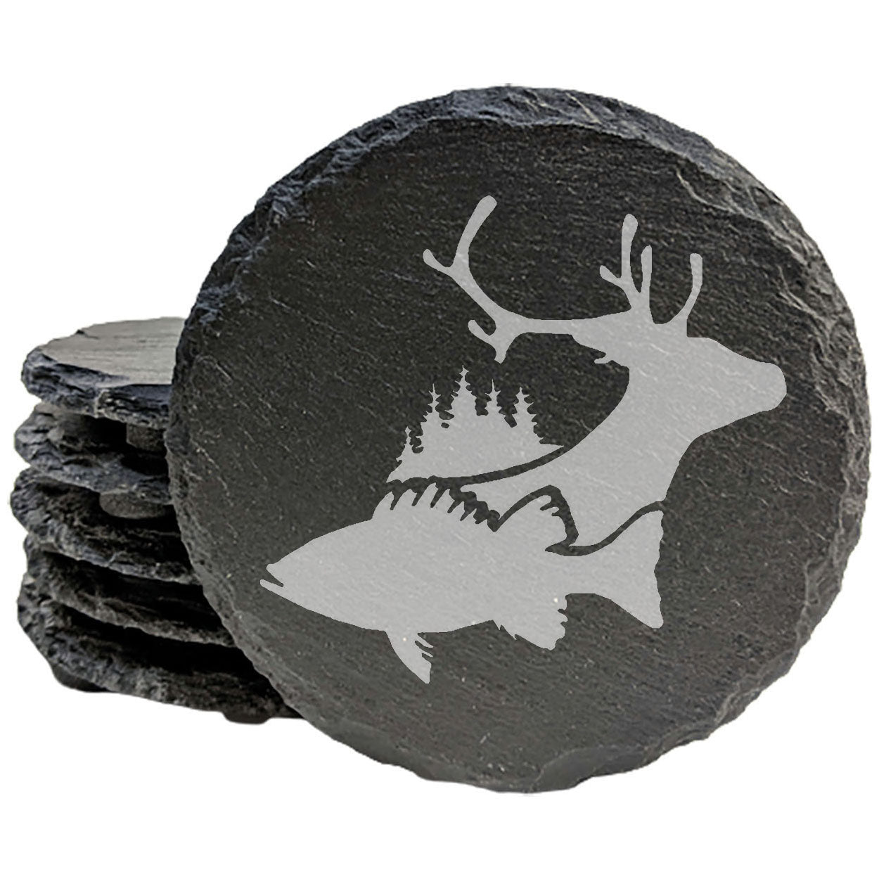Slate Coasters with Deer and Fish Laser-Etched Design - Protect Your Surfaces in Style! Hunting & Fishing. Natural Stone Coasters