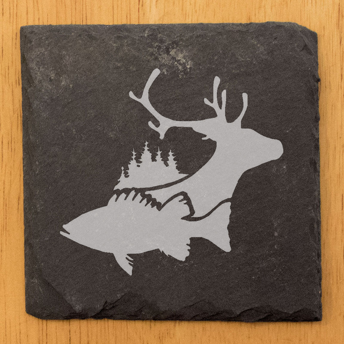 Slate Coasters with Deer and Fish Laser-Etched Design - Protect Your Surfaces in Style! Hunting & Fishing. Natural Stone Coasters