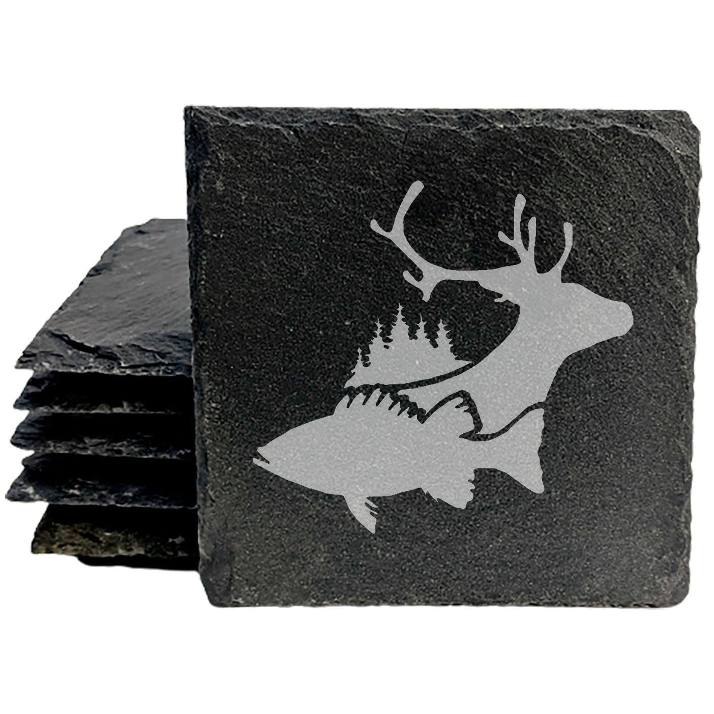 Slate Coasters with Deer and Fish Laser-Etched Design - Protect Your Surfaces in Style! Hunting & Fishing. Natural Stone Coasters