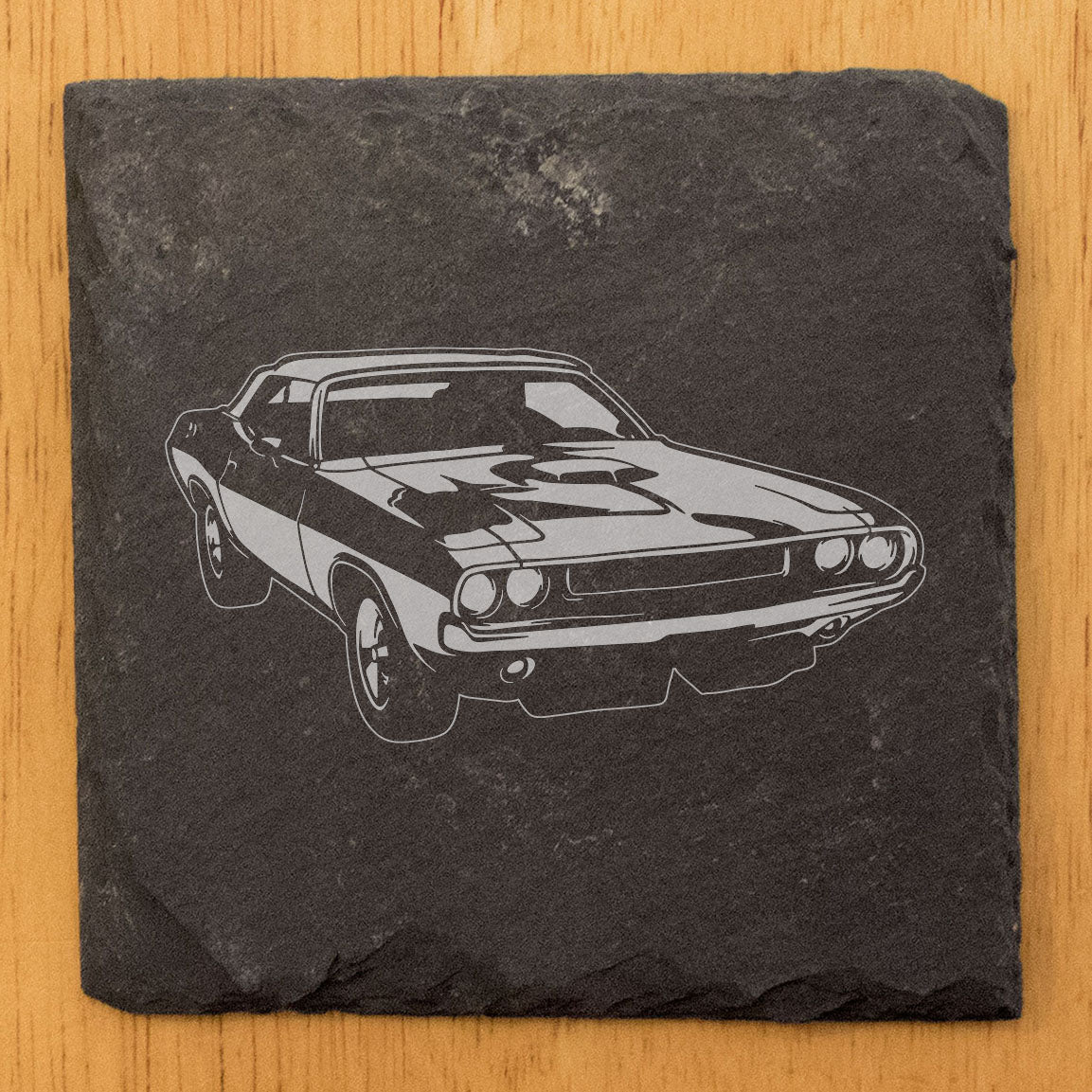 Rustic Gray Slate Coasters Set of 4 with 1970 Dodge Challenger Design, Perfect for Holidays, Birthdays, Housewarming, She-Shed or Man Cave, Made in Oregon, USA, 4" Round or Square