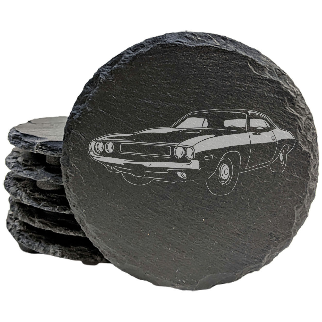 Rustic Gray Slate Coasters Set of 4 with 1970 Dodge Challenger Design, Perfect for Holidays, Birthdays, Housewarming, She-Shed or Man Cave, Made in Oregon, USA, 4" Round or Square