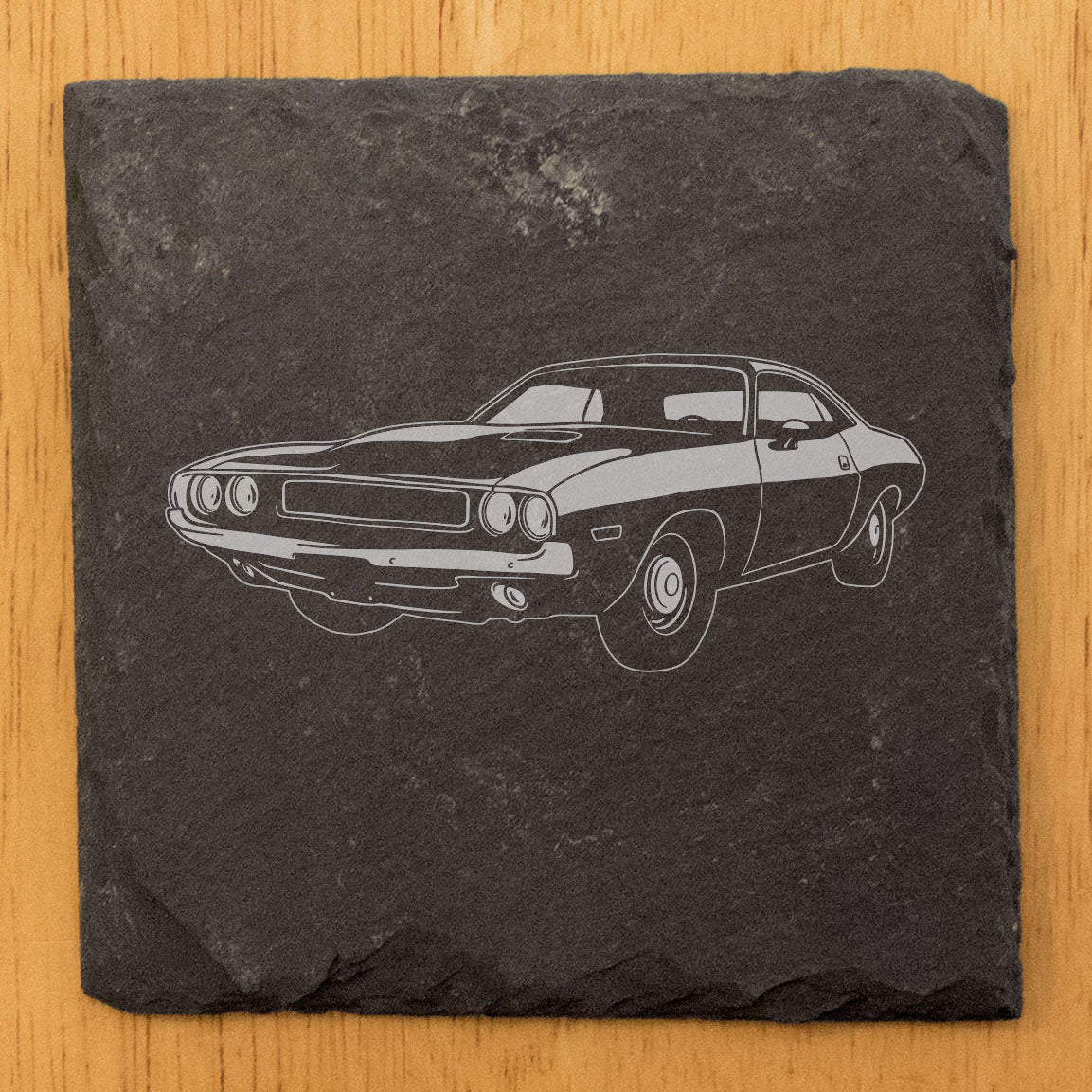 Rustic Gray Slate Coasters Set of 4 with 1970 Dodge Challenger Design, Perfect for Holidays, Birthdays, Housewarming, She-Shed or Man Cave, Made in Oregon, USA, 4" Round or Square