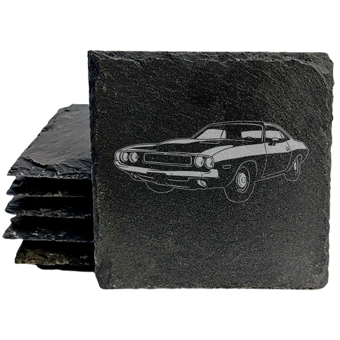 Rustic Gray Slate Coasters Set of 4 with 1970 Dodge Challenger Design, Perfect for Holidays, Birthdays, Housewarming, She-Shed or Man Cave, Made in Oregon, USA, 4" Round or Square