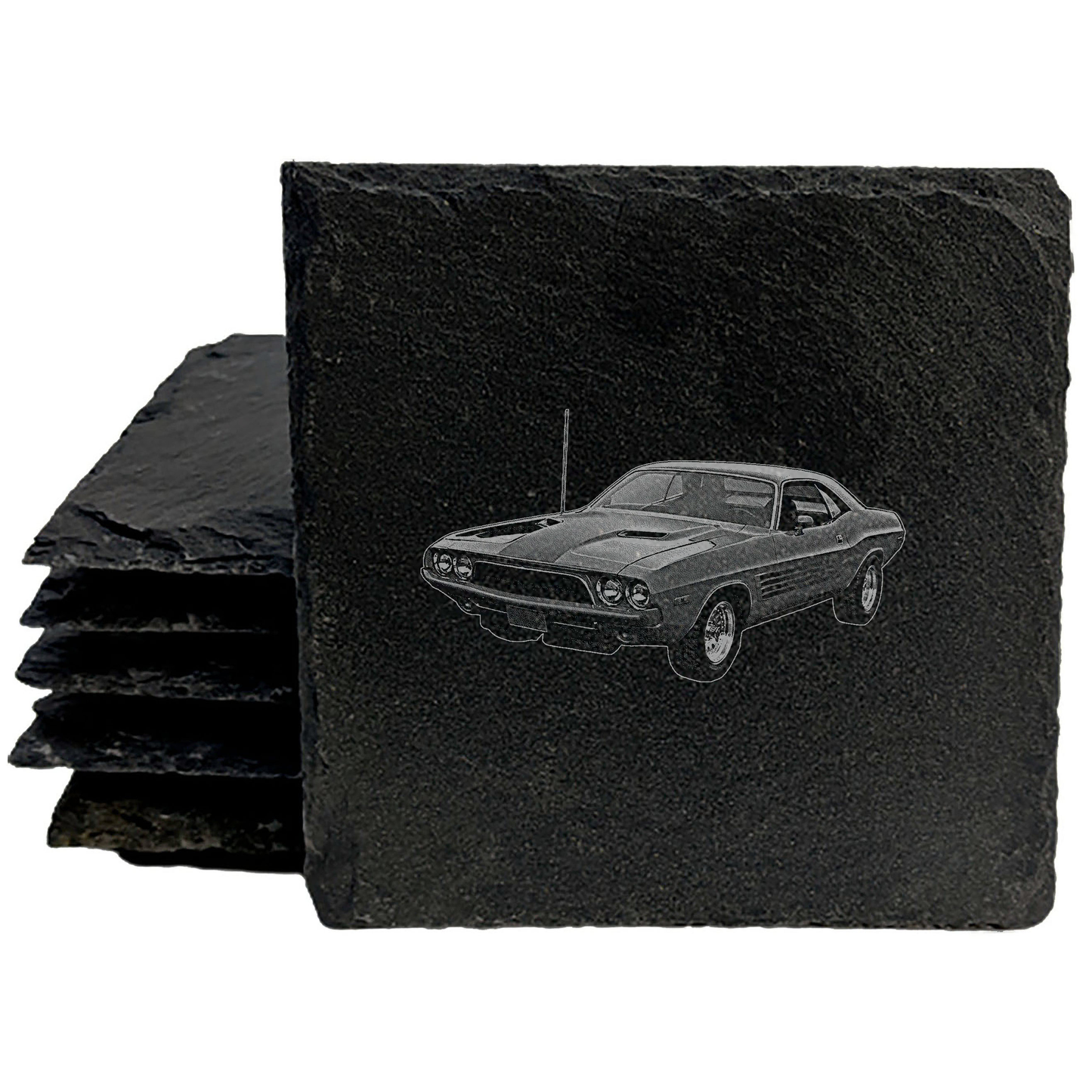 Coast in Style: 4 Retro Dodge Challenger Designs on Rustic Slate Coasters