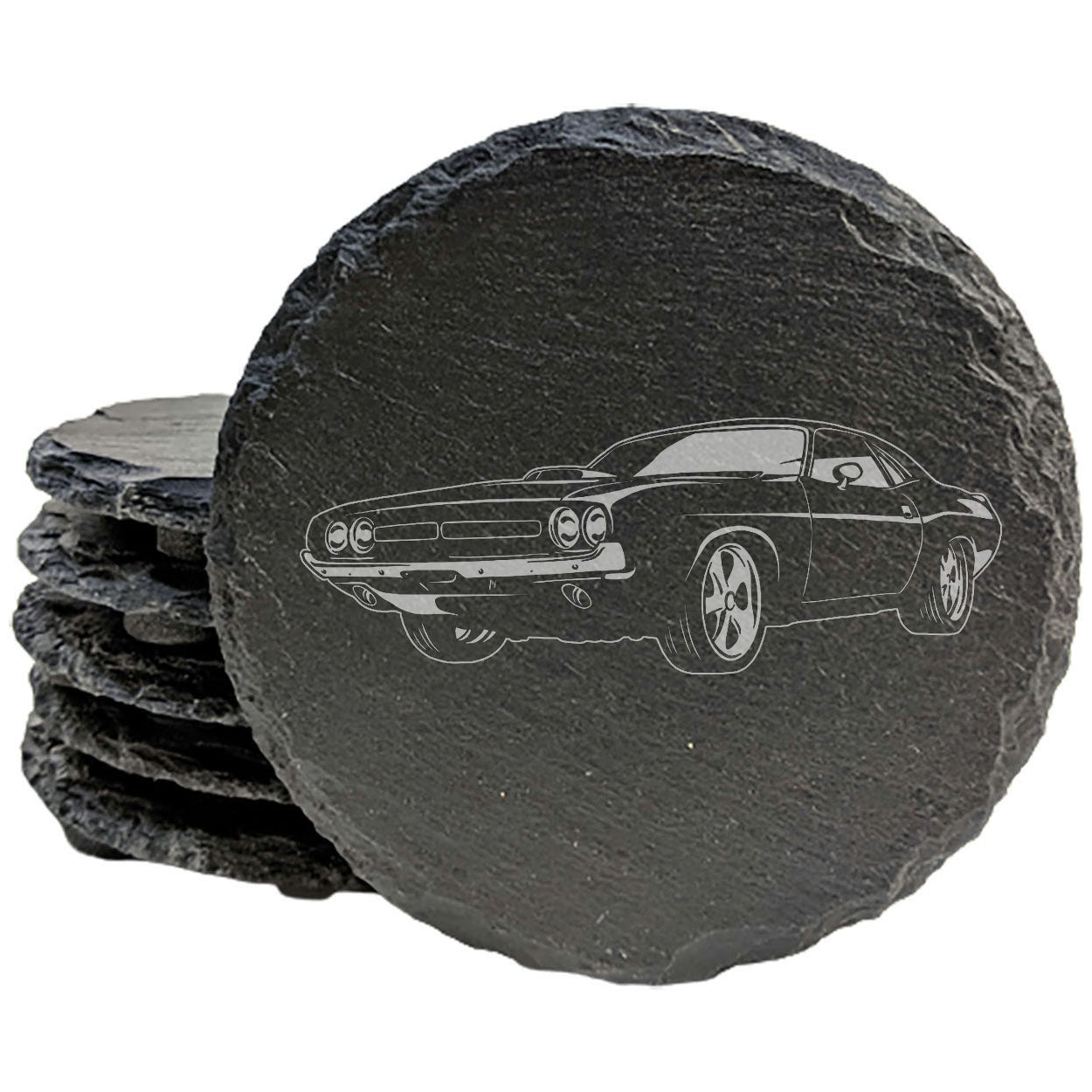 Vintage Vibes: Rustic Slate Coasters Set - Laser Etched 1971 Dodge Challenger Hemi Designs - Classic Car Enthusiast's Delight!