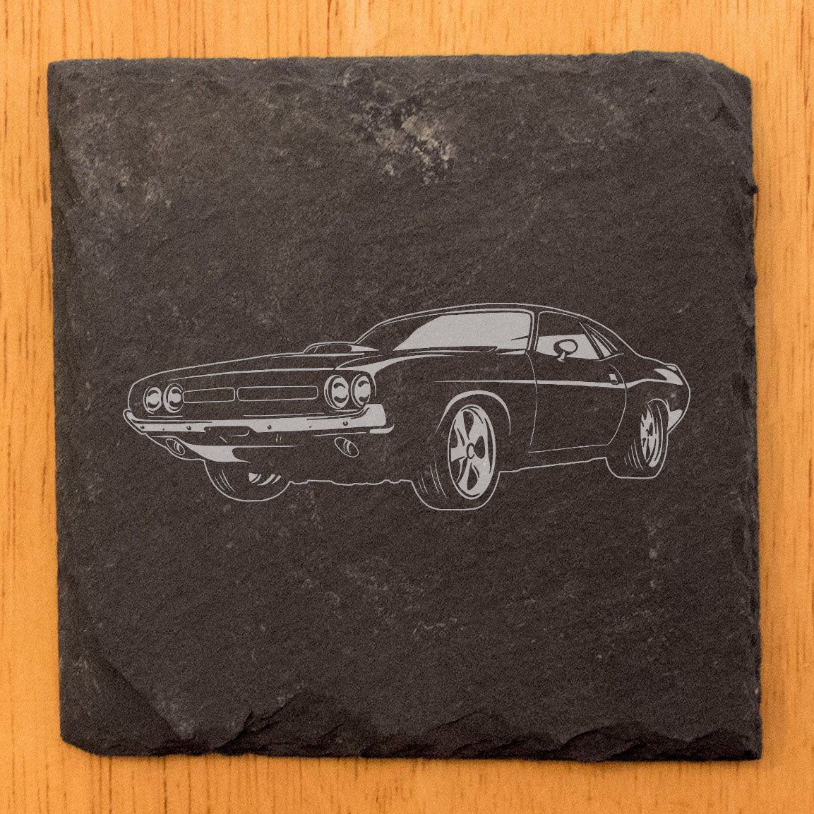 Vintage Vibes: Rustic Slate Coasters Set - Laser Etched 1971 Dodge Challenger Hemi Designs - Classic Car Enthusiast's Delight!