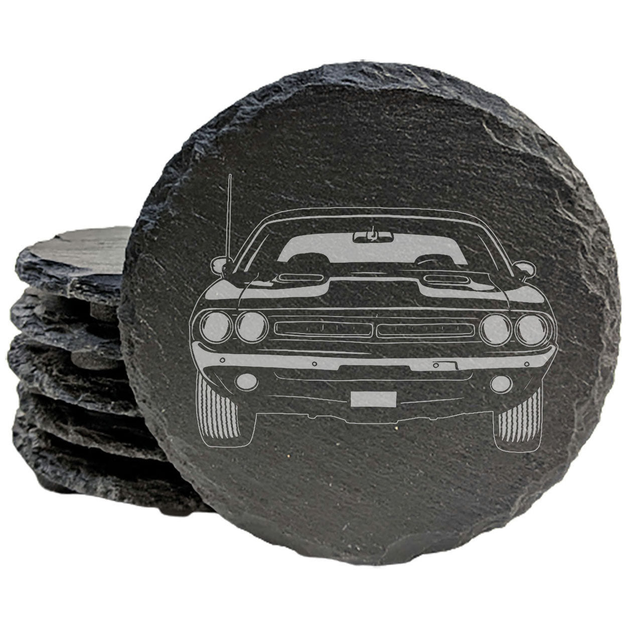 Vintage Charm: Rustic Slate Coasters Laser Etched 1971 Dodge Challenger Hemi 3 Design
