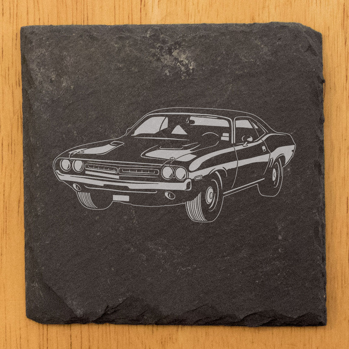 Rustic Gray Slate Coasters Set of 4 with 1971 Dodge Challenger RT 426 Hemi Design, Perfect for Holidays, Birthdays, Housewarming, She-Shed or Man Cave, Made in Oregon, USA, 4" Round or Square