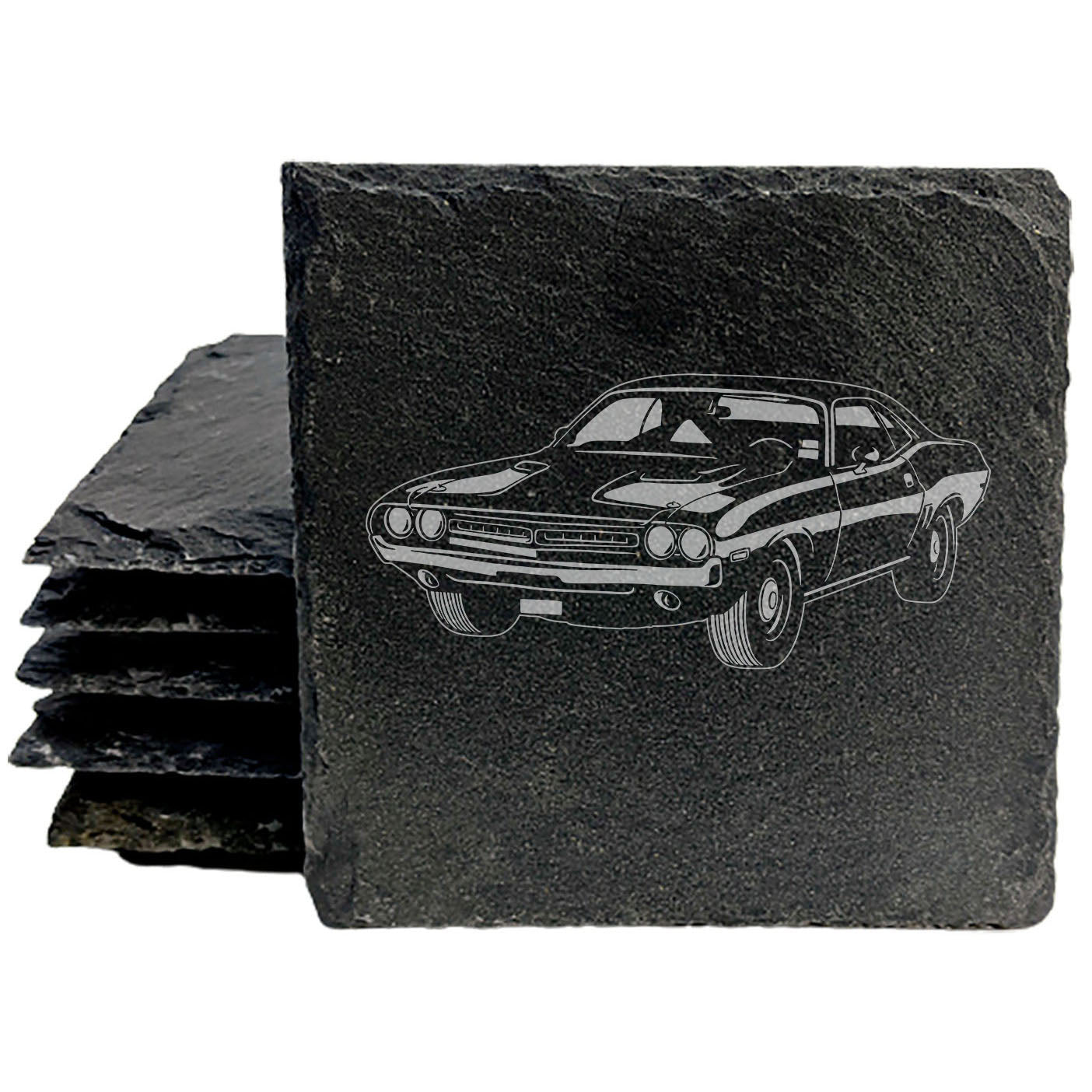 Rustic Gray Slate Coasters Set of 4 with 1971 Dodge Challenger RT 426 Hemi Design, Perfect for Holidays, Birthdays, Housewarming, She-Shed or Man Cave, Made in Oregon, USA, 4" Round or Square