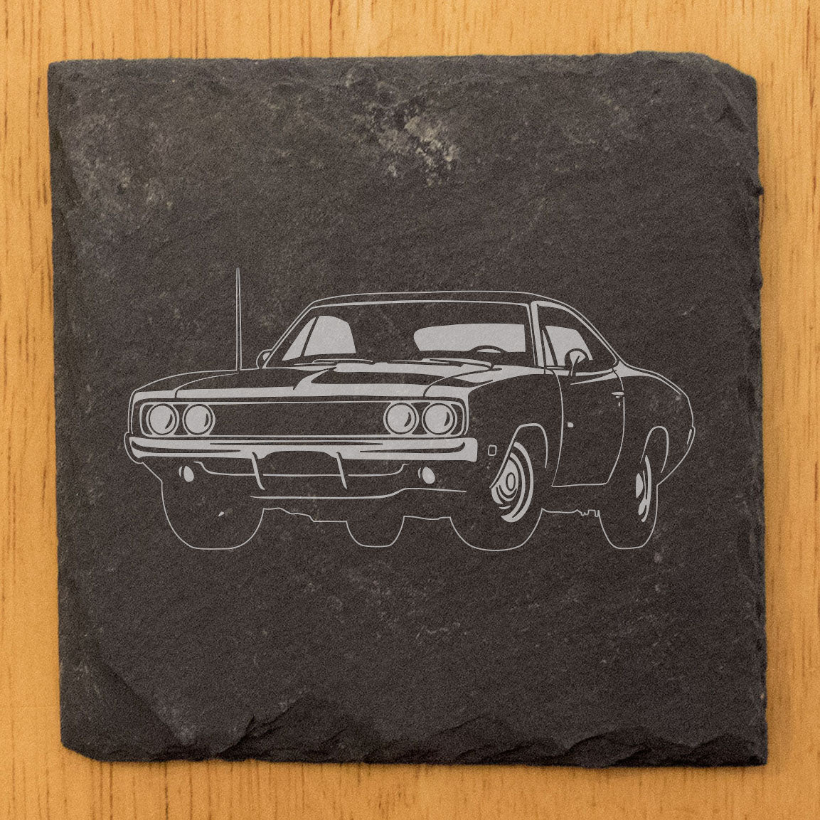 Rustic Gray Slate Coasters Set of 4 with 1969 Dodge Charger 500 Design, Perfect for Holidays, Birthdays, Housewarming, She-Shed or Man Cave, Made in Oregon, USA, 4" Round or Square