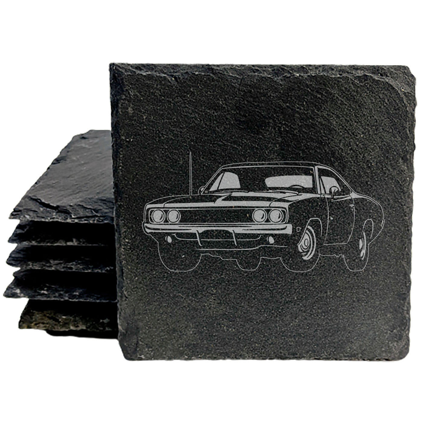 Rustic Gray Slate Coasters Set of 4 with 1969 Dodge Charger 500 Design, Perfect for Holidays, Birthdays, Housewarming, She-Shed or Man Cave, Made in Oregon, USA, 4" Round or Square