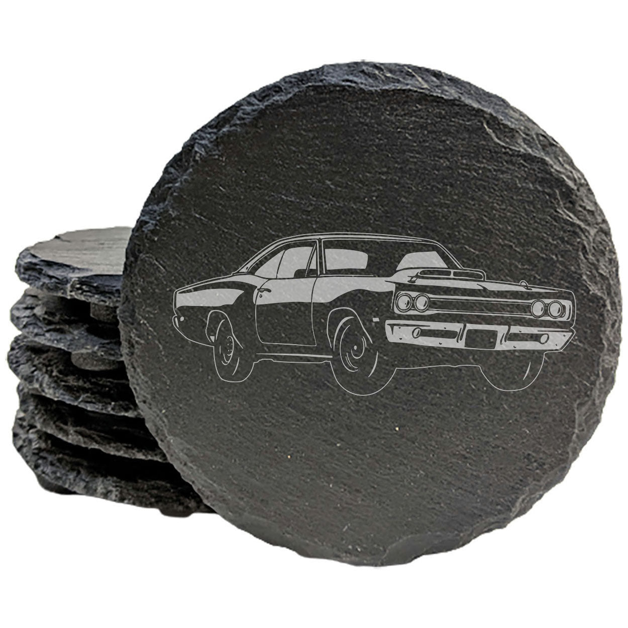 Rustic Gray Slate Coasters Set of 4 with Laser Etched 1969 Dodge Super Bee Design | Unique Gift for Holidays Birthdays Housewarming She-Shed Man Cave | Made in Oregon USA | Round or Square Options