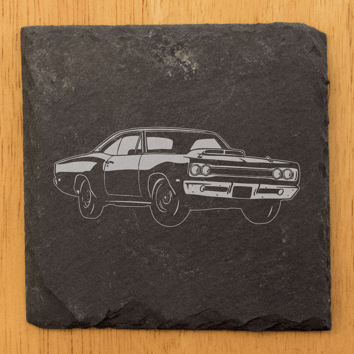 Rustic Gray Slate Coasters Set of 4 with Laser Etched 1969 Dodge Super Bee Design | Unique Gift for Holidays Birthdays Housewarming She-Shed Man Cave | Made in Oregon USA | Round or Square Options