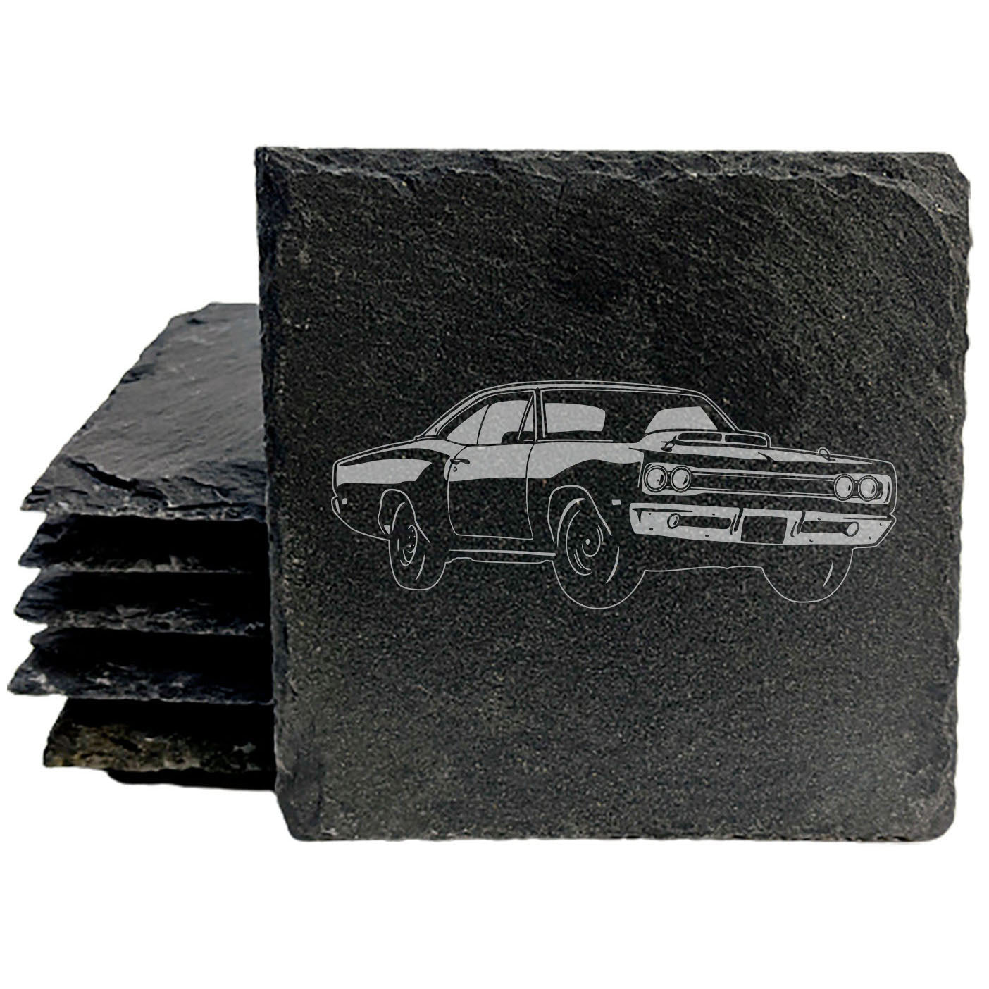 Rustic Gray Slate Coasters Set of 4 with Laser Etched 1969 Dodge Super Bee Design | Unique Gift for Holidays Birthdays Housewarming She-Shed Man Cave | Made in Oregon USA | Round or Square Options