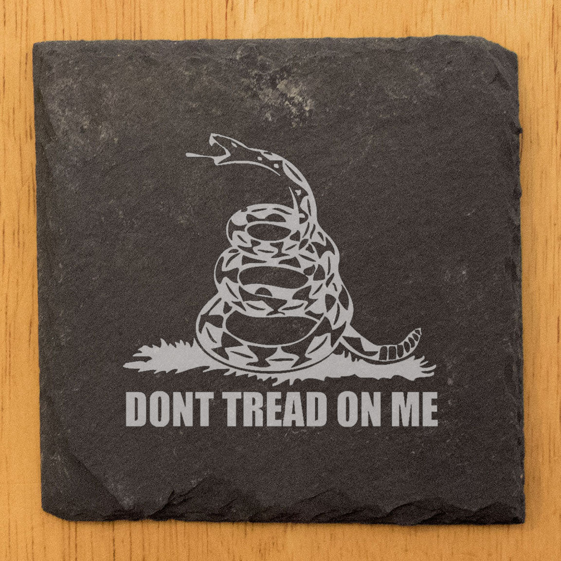 Man Cave Must-Have: Eye-Catching "Don't Tread on Me" Coasters in Natural Stone