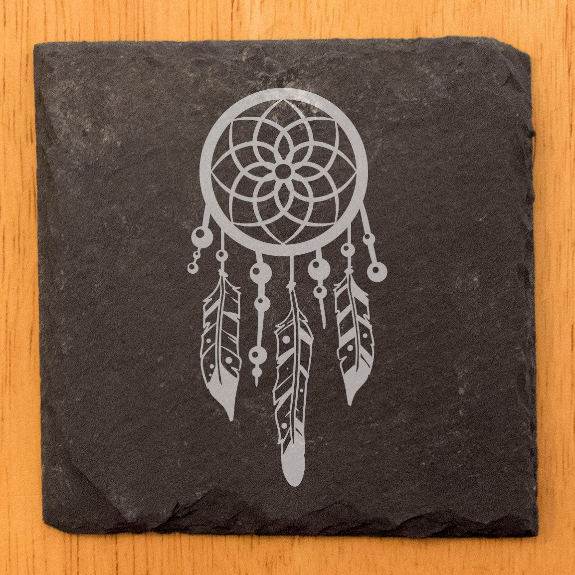 Rustic Elegance: Natural Gray Slate Coasters with Beautiful Dream Catcher Design