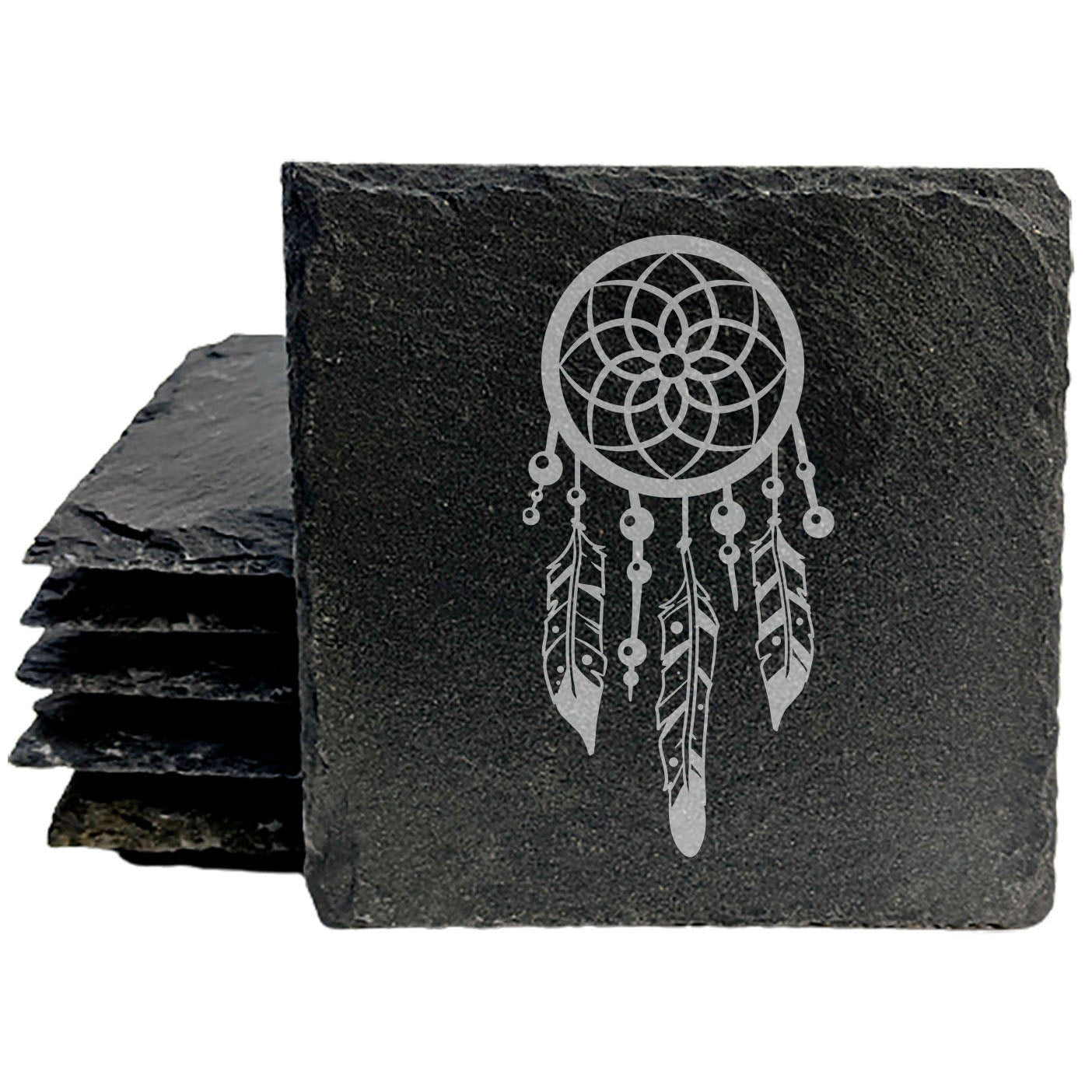 Rustic Elegance: Natural Gray Slate Coasters with Beautiful Dream Catcher Design