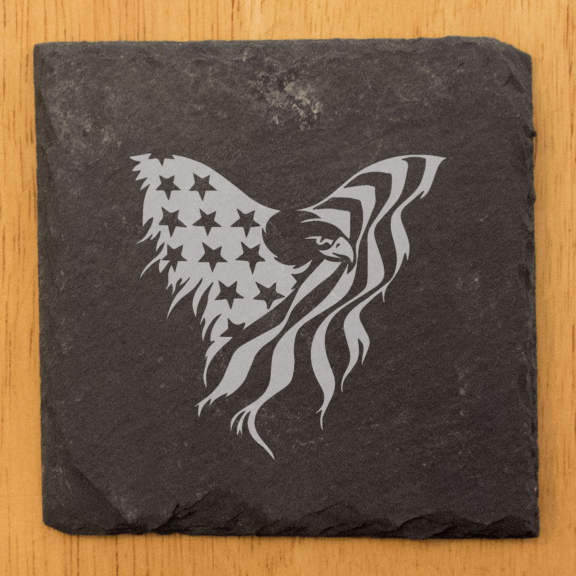 Patriotic Elegance: Natural Gray Slate Coasters with Bald Eagle Flag Design