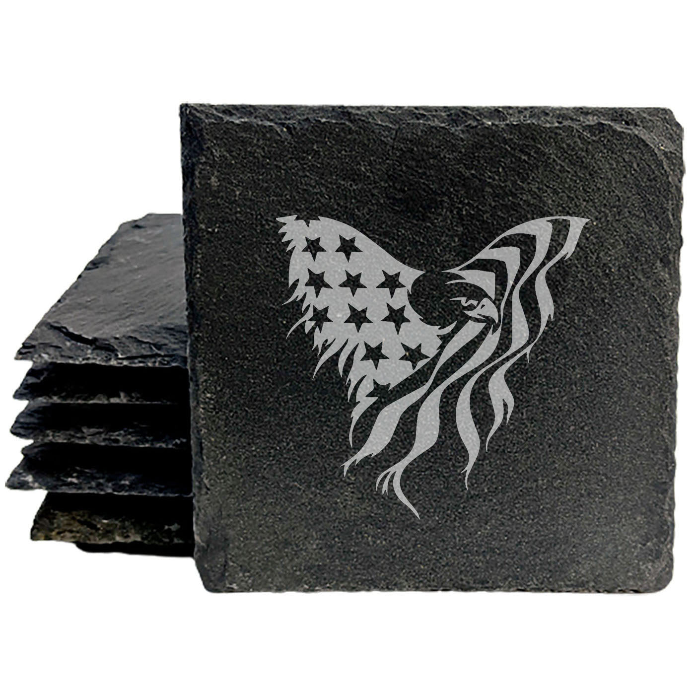 Patriotic Elegance: Natural Gray Slate Coasters with Bald Eagle Flag Design