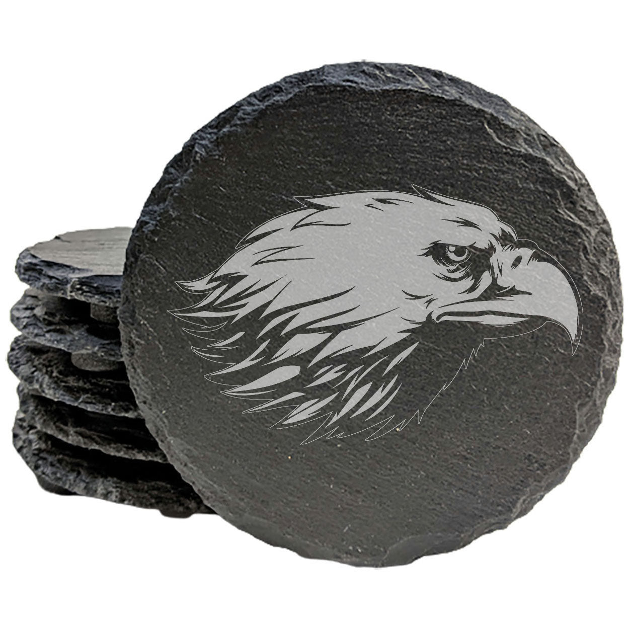 Rustic Elegance Meets Fierce Spirit: Natural Gray Slate Coasters with Bald Eagle Design