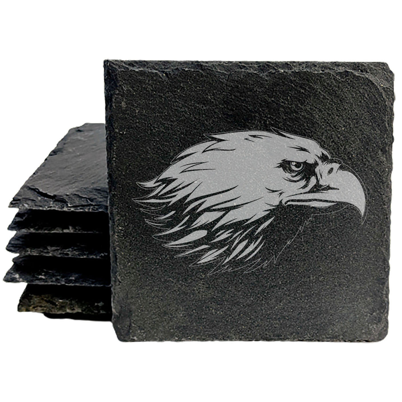 Rustic Elegance Meets Fierce Spirit: Natural Gray Slate Coasters with Bald Eagle Design