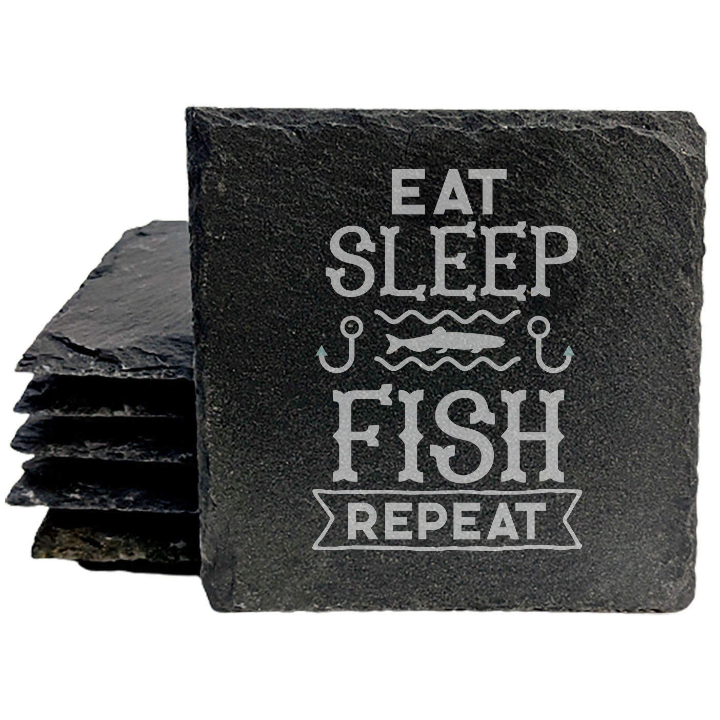 Life's Simple Pleasures: "Eat, Sleep, Fish, Repeat" Laser-Etched Slate Coasters
