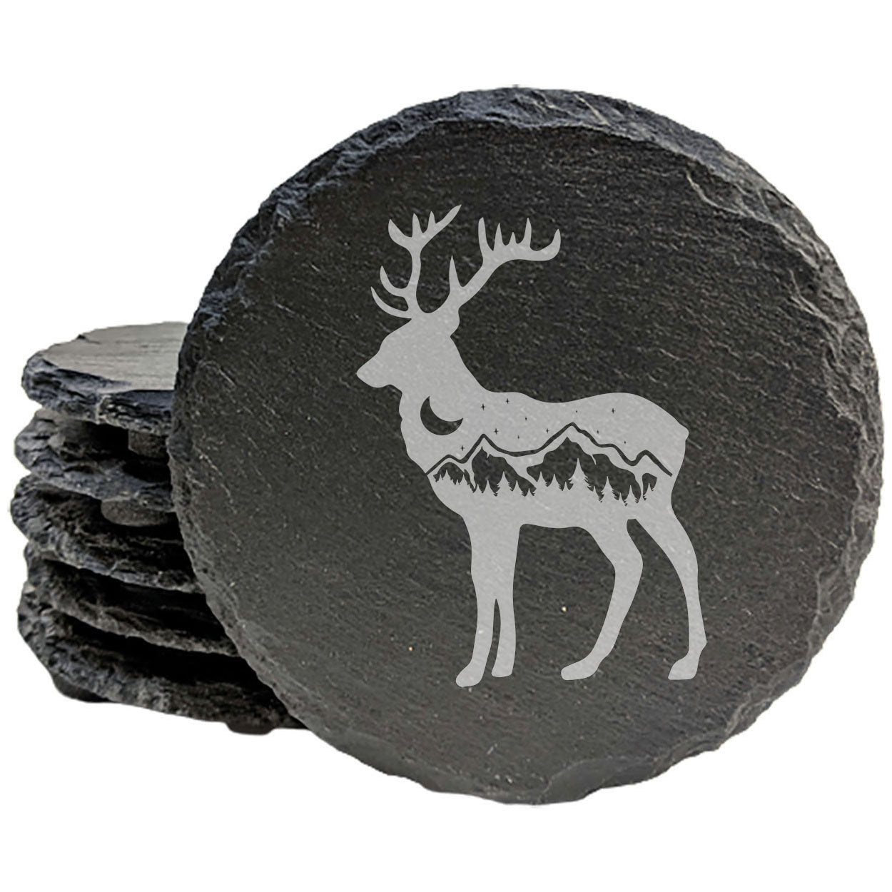 Majestic Majesty: Laser-Etched Elk & Mountain Slate Coasters - Nature's Beauty