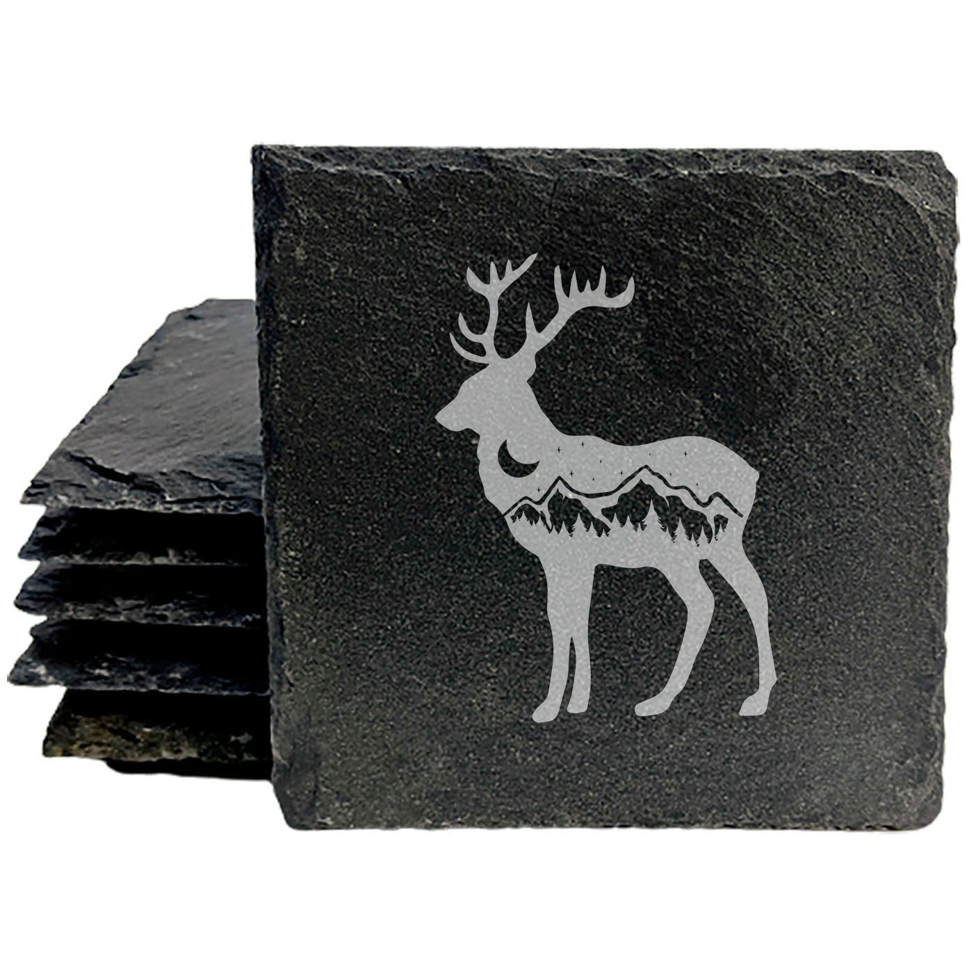 Majestic Majesty: Laser-Etched Elk & Mountain Slate Coasters - Nature's Beauty