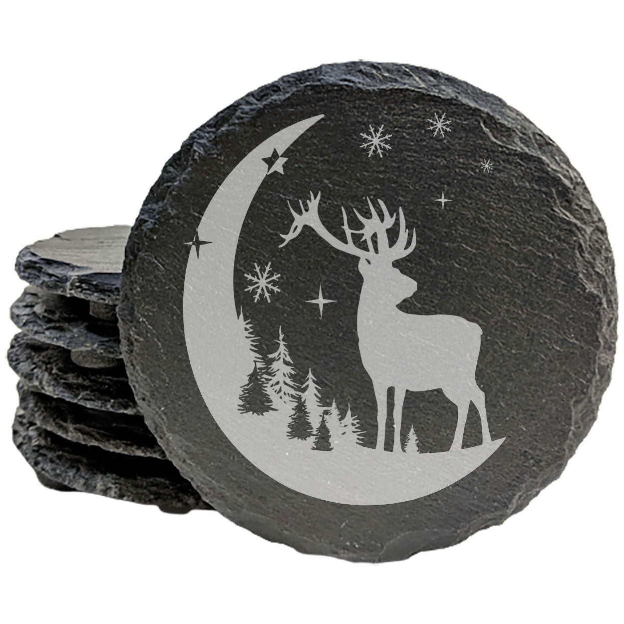 Starry Wilderness: Natural Gray Slate Coasters with Mesmerizing Elk & Moon Design