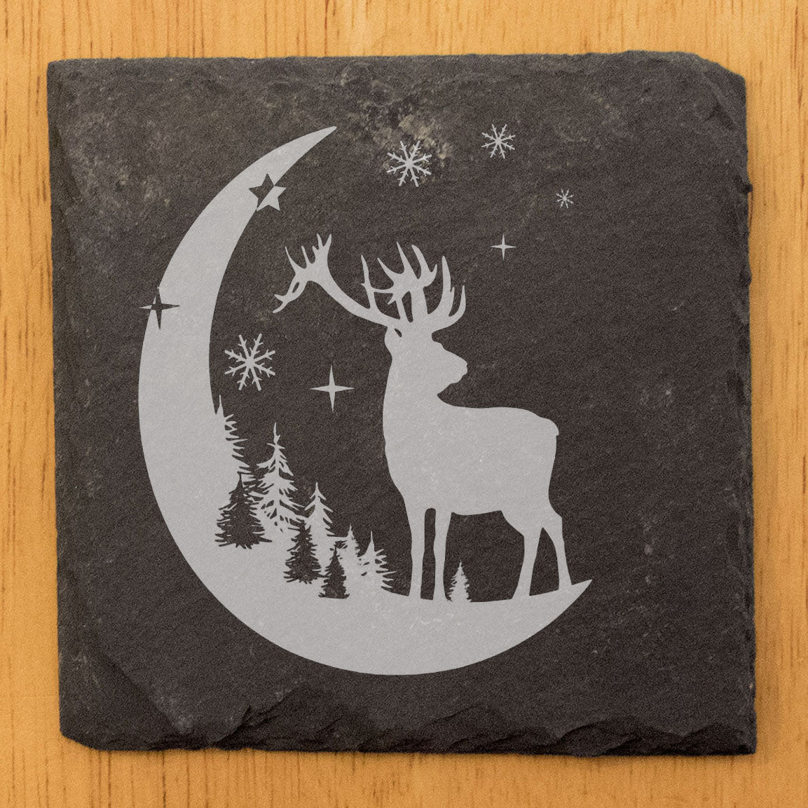 Starry Wilderness: Natural Gray Slate Coasters with Mesmerizing Elk & Moon Design