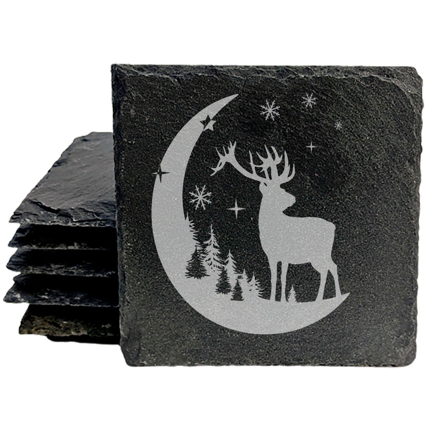 Starry Wilderness: Natural Gray Slate Coasters with Mesmerizing Elk & Moon Design