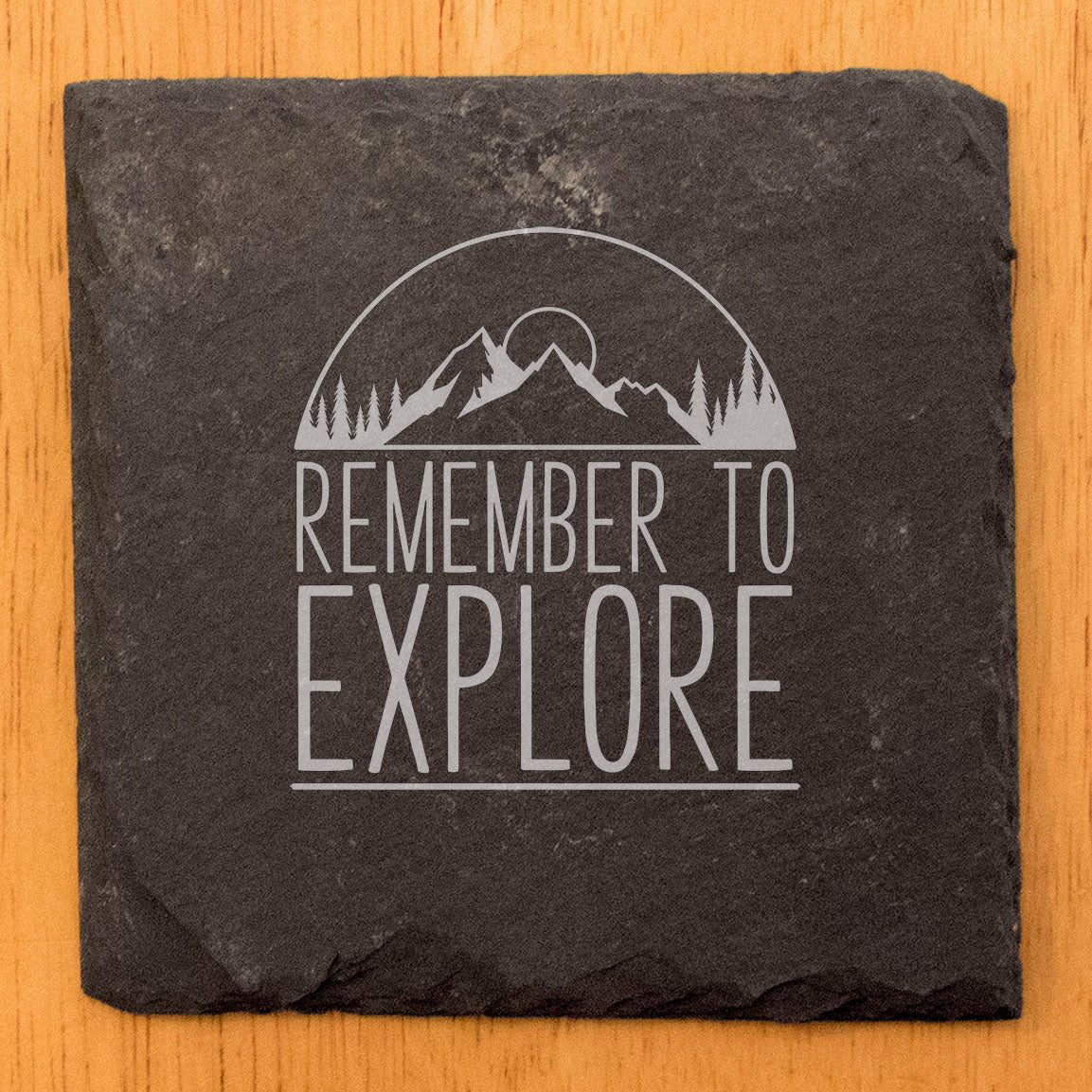 Adventure Awaits: Laser-Etched Mountain Sunset Slate Coasters - Remember to Explore!
