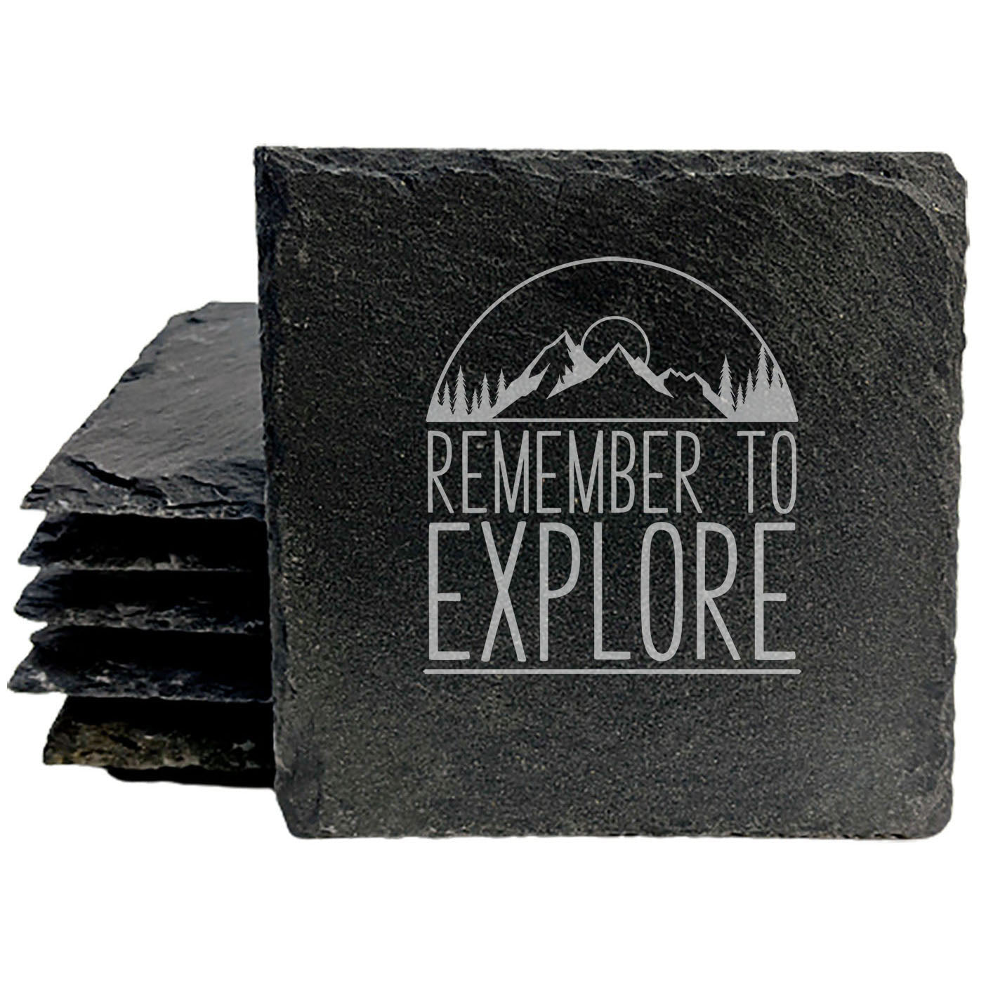 Adventure Awaits: Laser-Etched Mountain Sunset Slate Coasters - Remember to Explore!