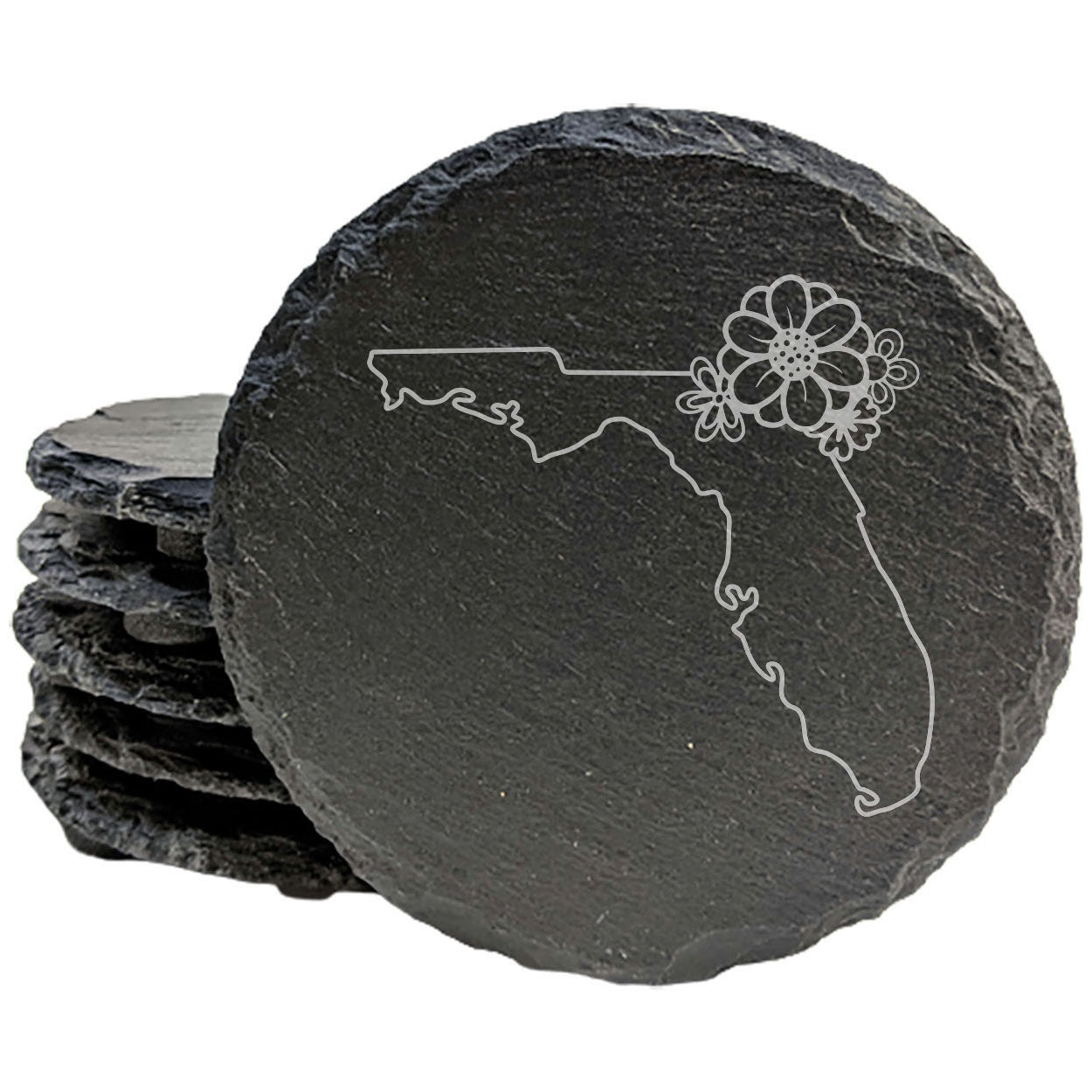 Rustic Slate Coasters Set of 4 - Florida Design with Flower - 4" Round or Square - Natural Chipped Edge, Rubber Feet - Perfect Gift for Holidays, Birthdays, Housewarming - Made in Oregon, USA