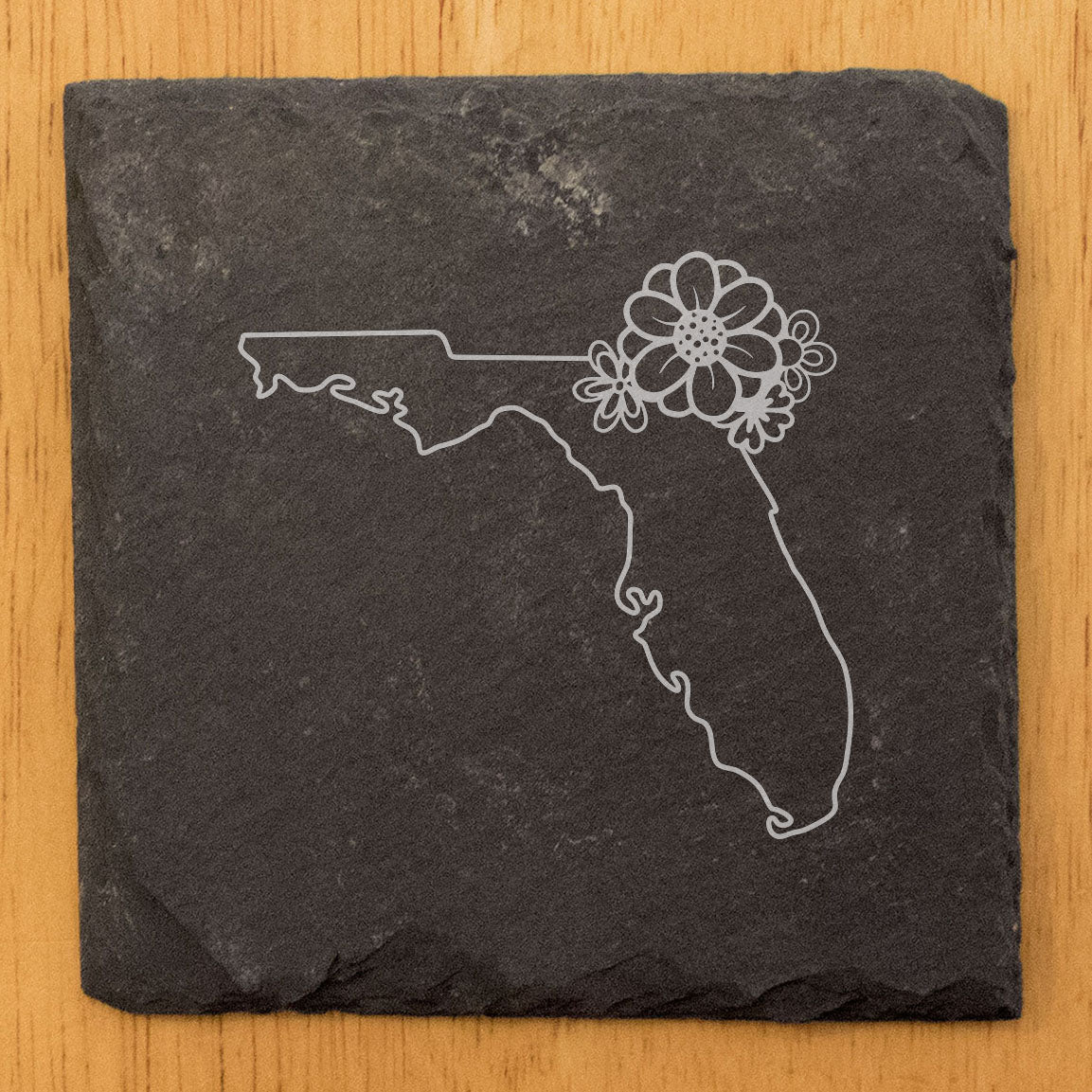 Rustic Slate Coasters Set of 4 - Florida Design with Flower - 4" Round or Square - Natural Chipped Edge, Rubber Feet - Perfect Gift for Holidays, Birthdays, Housewarming - Made in Oregon, USA