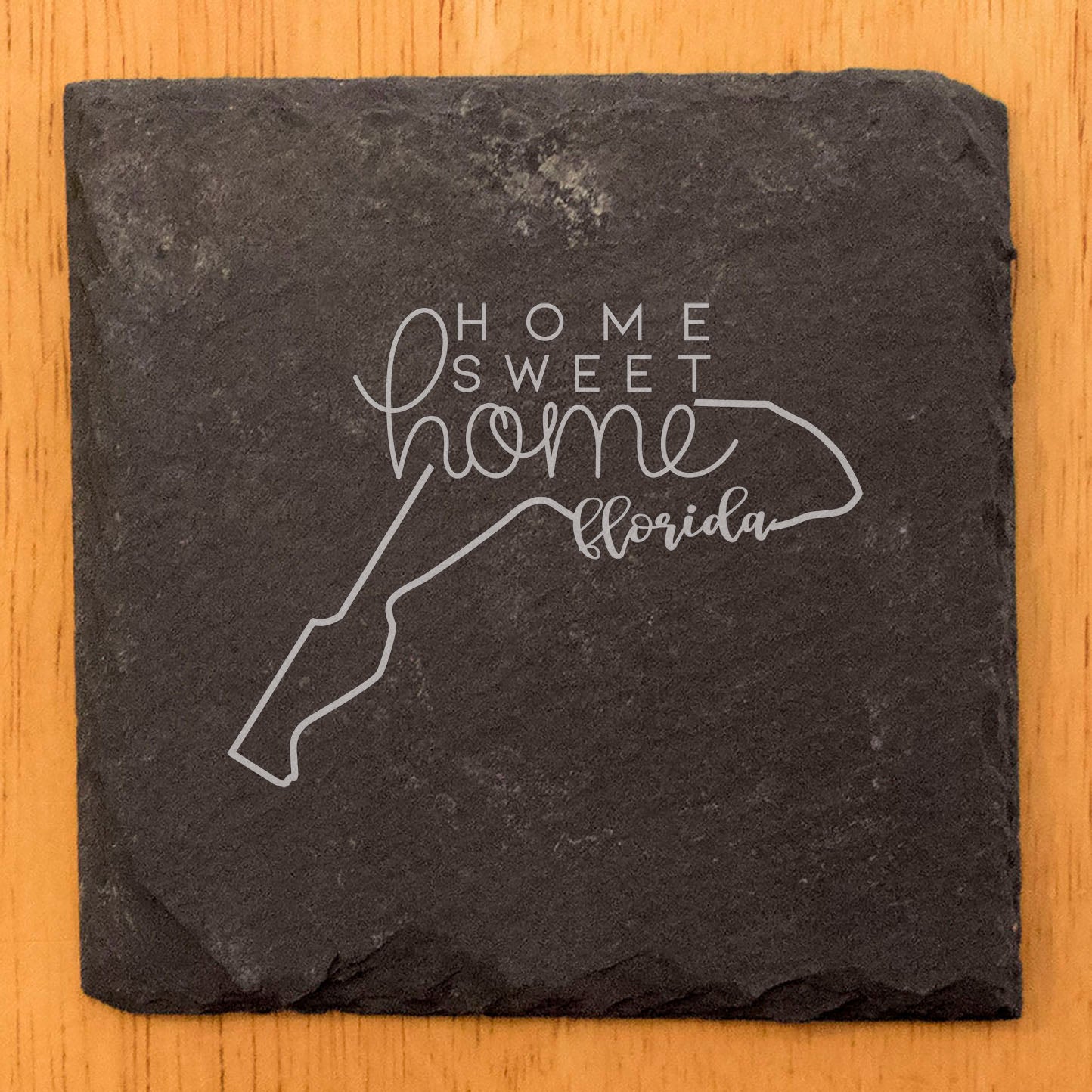 Rustic Slate Coasters Set of 4, Round 4" with Florida Design, 'Home Sweet Home' Laser Etched, Perfect for Holidays, Birthdays, Housewarming, She-Shed, Man Cave, Made in Oregon, USA, Gift Boxed