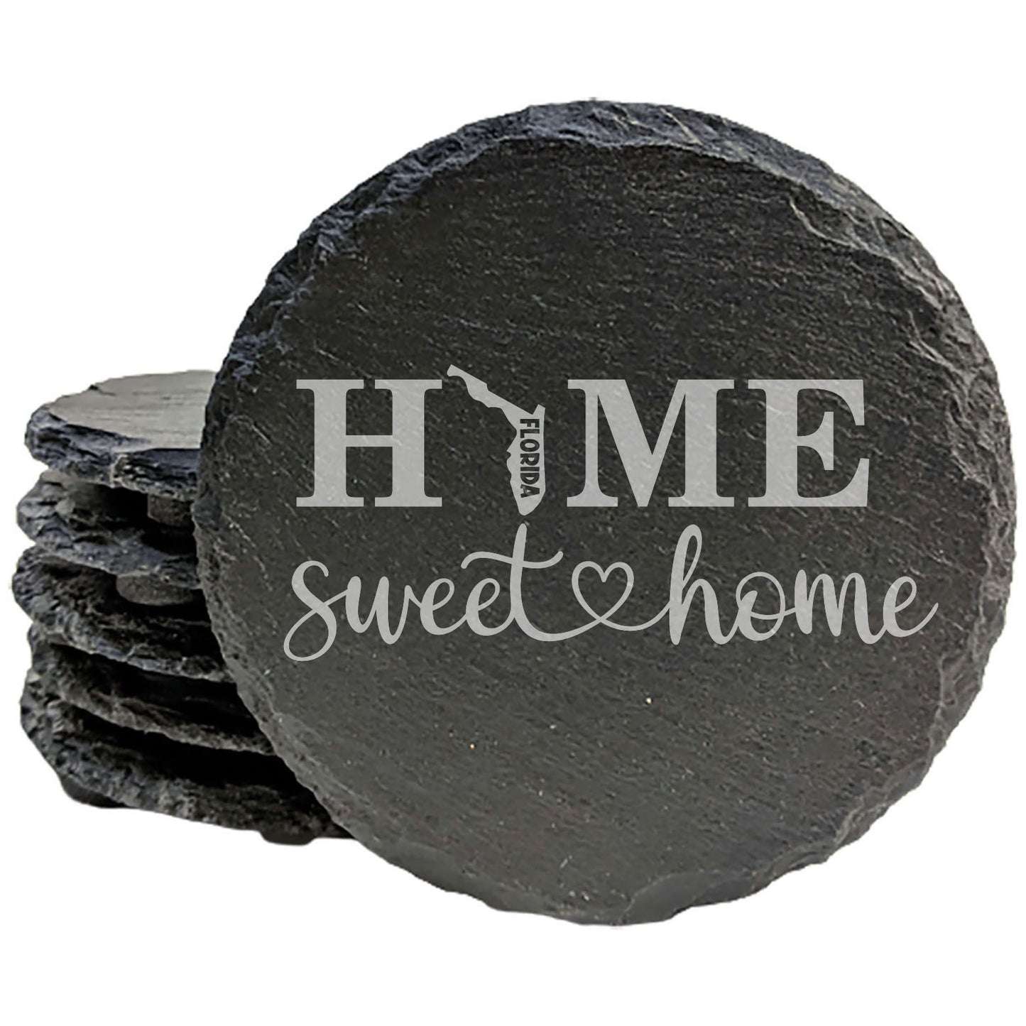 Rustic Slate Coasters Set of 4, Round 4" with 'HOME SWEET HOME' Florida Design, Perfect for Holidays, Birthdays, Housewarming Gifts, She-Shed, Man Cave, Made in Oregon, USA, Natural Chipped Edge