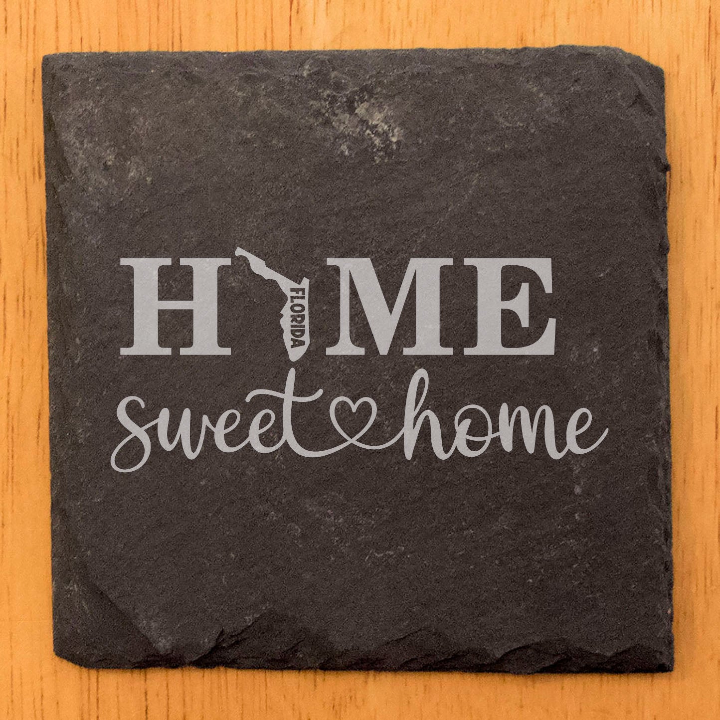 Rustic Slate Coasters Set of 4, Round 4" with 'HOME SWEET HOME' Florida Design, Perfect for Holidays, Birthdays, Housewarming Gifts, She-Shed, Man Cave, Made in Oregon, USA, Natural Chipped Edge