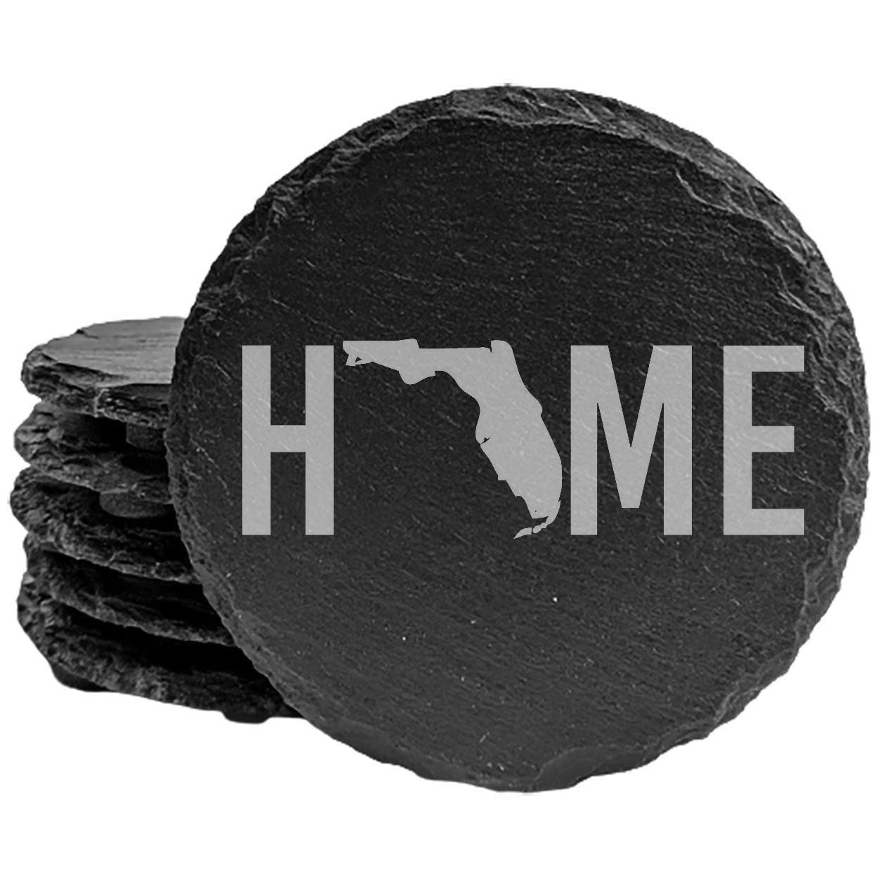 Rustic Slate Coasters Set of 4 - Laser Etched 'HOME' Design with Florida State - Perfect Gift for Holidays, Birthdays, Housewarming - 4" Round, Natural Chipped Edge, Rubber Feet - Made in USA