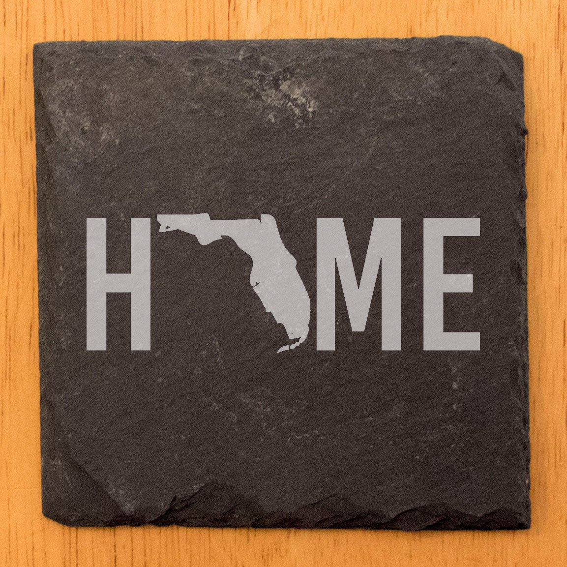 Rustic Slate Coasters Set of 4 - Laser Etched 'HOME' Design with Florida State - Perfect Gift for Holidays, Birthdays, Housewarming - 4" Round, Natural Chipped Edge, Rubber Feet - Made in USA