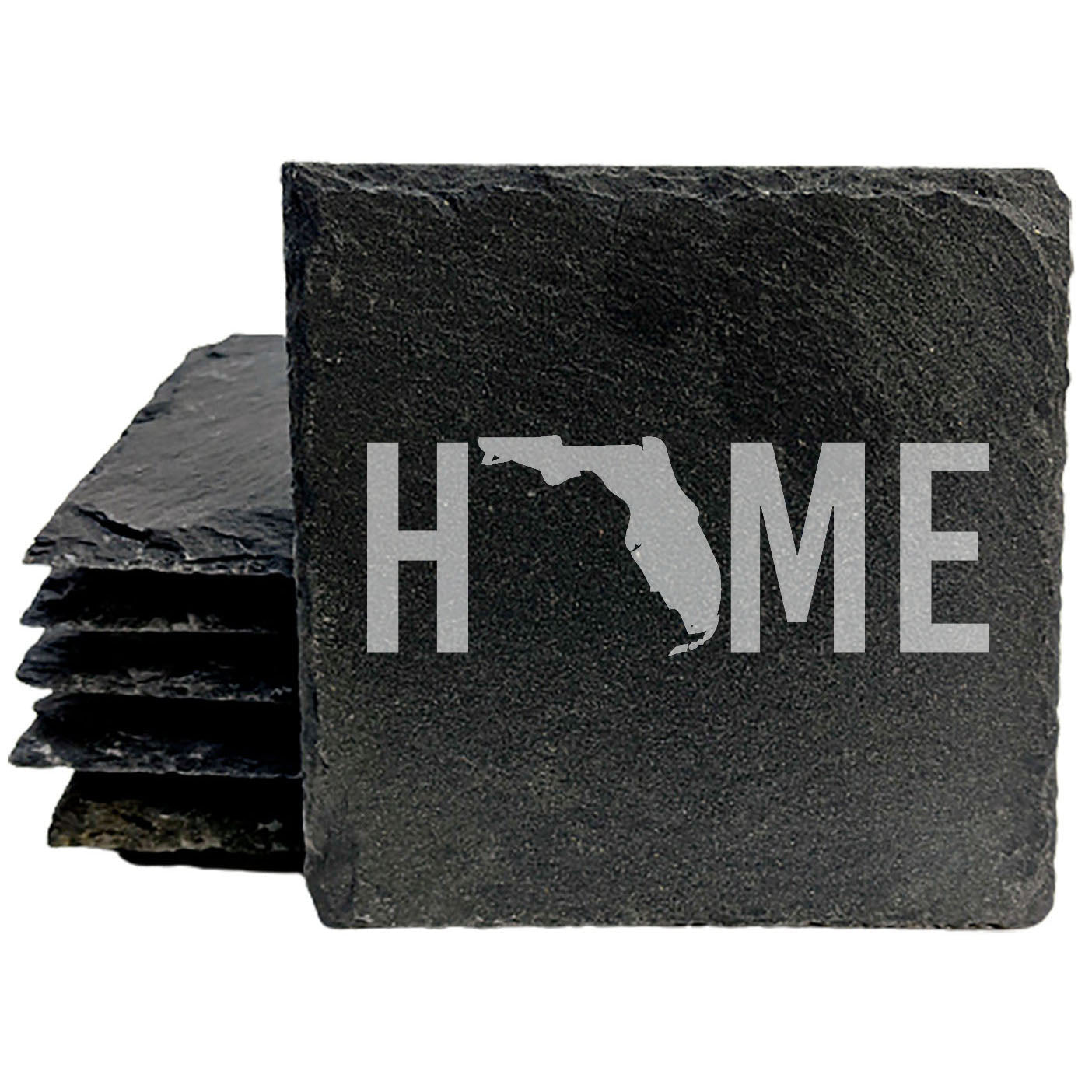 Rustic Slate Coasters Set of 4 - Laser Etched 'HOME' Design with Florida State - Perfect Gift for Holidays, Birthdays, Housewarming - 4" Round, Natural Chipped Edge, Rubber Feet - Made in USA