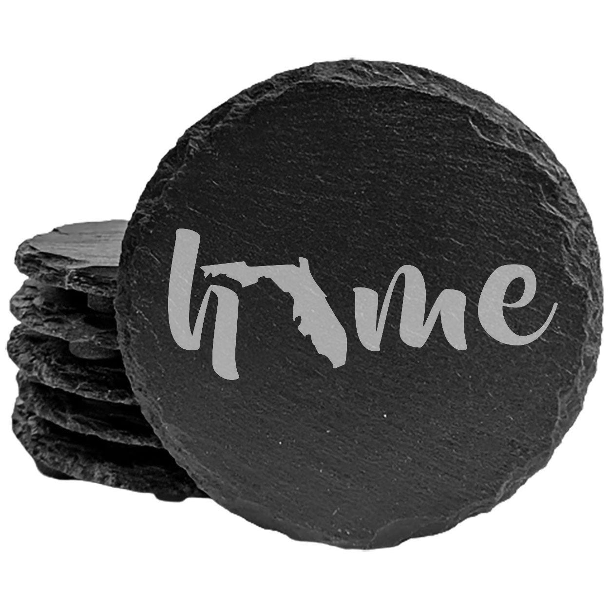 Rustic Slate Coasters Set of 4 - Laser Etched 'Home' Design with Florida State - Perfect Gift for Holidays, Birthdays, Housewarming - 4" Round/Square - Made in Oregon, USA - Natural Chipped Edge